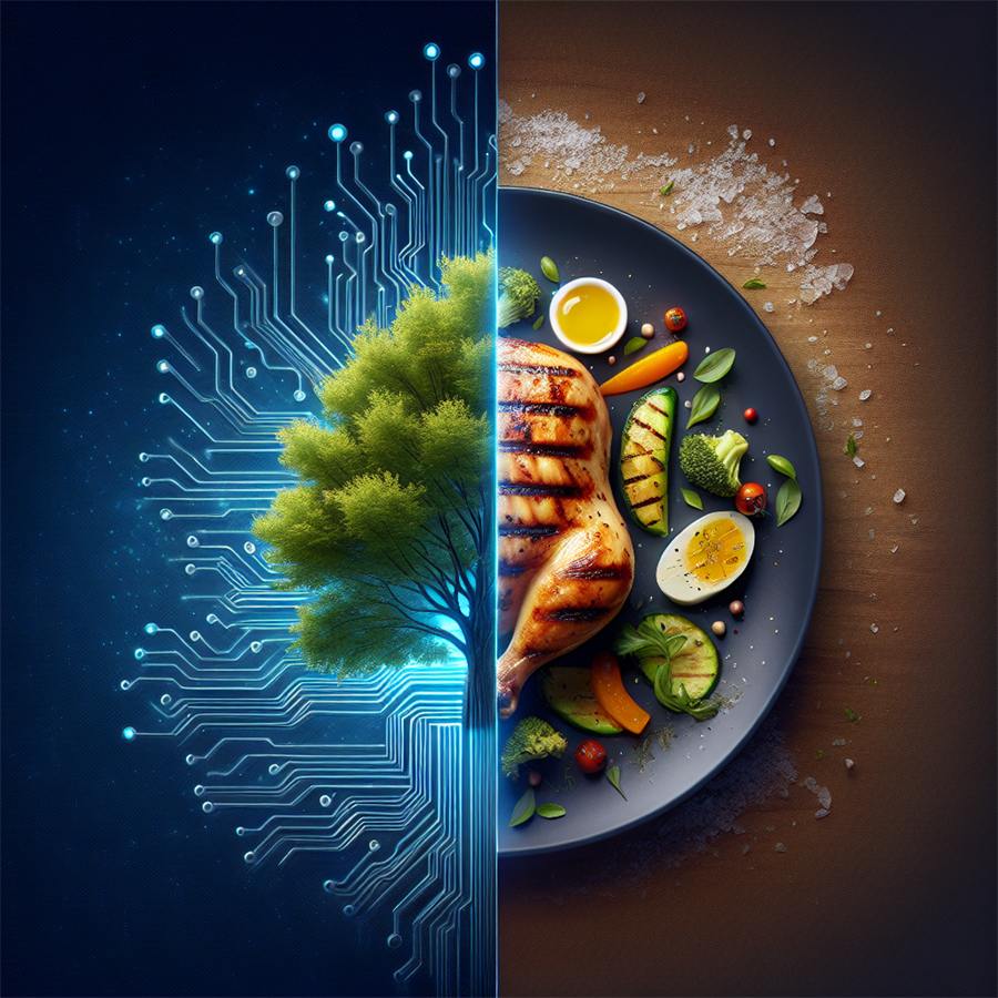 A balanced plate of grilled chicken, vegetables and egg beside an abstract representation of an AI network